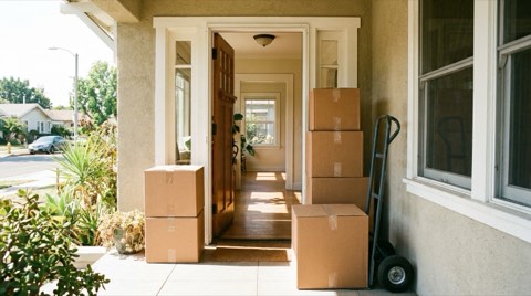 Moving boxes stacked near the open front door of a traditional Beverlywood home in bright daylight