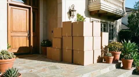 Moving boxes stacked near the front door of an upscale home entrance