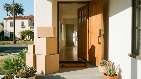 Moving boxes stacked at the entrance of a home in Culver City.