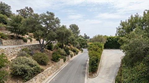 An elevated view of a quiet winding hillside street in Hollywood Hills with green shrubs and an empty driveway under midday sun