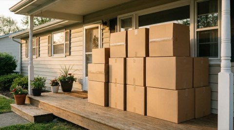 Moving boxes stacked on the front porch of a Mar Vista home