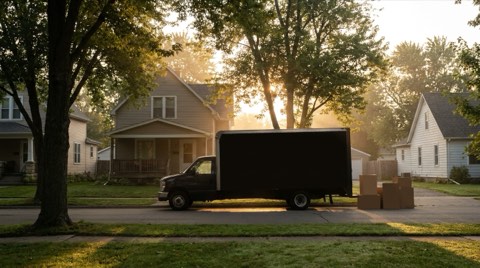 A residential street scene with a moving truck parked in front of a home in soft morning light