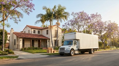 A moving truck parked at the curb of a sunny, tree-lined Santa Monica residential street with a Spanish Revival style home