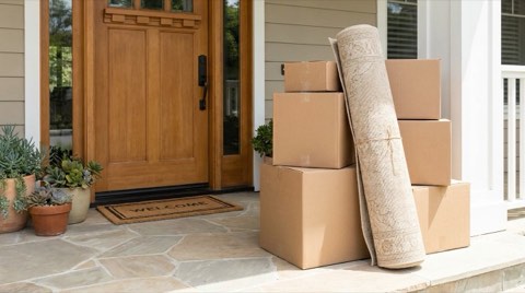 Moving boxes and a rolled rug near the entrance of a Studio City home on a bright midday