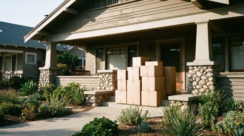 Moving boxes stacked neatly on the front porch of a traditional home in morning light.
