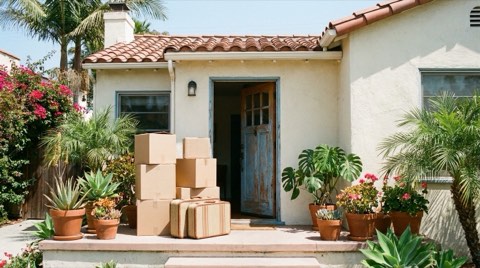 Moving boxes stacked on the sunny front porch of a Venice bungalow