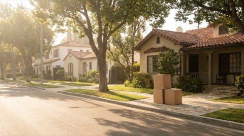 A quiet tree-lined Westwood residential street in soft early morning light with neatly stacked moving boxes on a front porch, no people or vehicles visible
