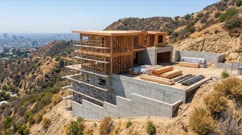 A modern home under tasteful construction on a steep Hollywood Hills lot, showing wood framing, scaffolding, and completed retaining walls in daylight