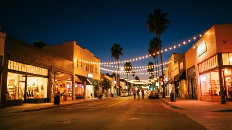 A Los Feliz village street at night lit with warm string lights and glowing shop windows
