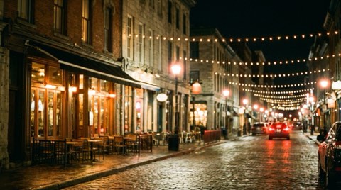 A nighttime urban street scene with warmly lit restaurant and bar storefronts and glowing string lights