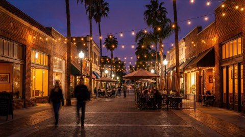 Westwood Village at night with warm string lights over a walkable restaurant row, outdoor patio seating, and silhouetted palm trees against a dusky sky