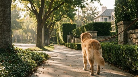 A golden retriever on a leash walking away from the camera along a quiet, tree-shaded Bel Air sidewalk
