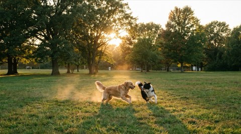Dogs running and playing in an open grassy dog park area in Mar Vista
