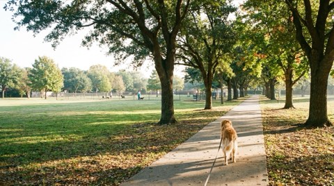 A neighborhood park pathway with a grassy lawn, trees, and a distant fenced dog park area in bright morning light