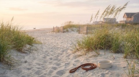 A sandy dog-friendly beach path with dune grasses in soft morning light