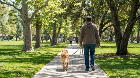A person seen from behind walking a dog on a sidewalk in a Studio City neighborhood park at midday