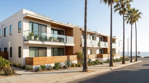 A modest low-rise apartment building with balconies along a palm-lined coastal sidewalk