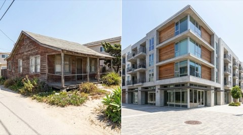 A split scene of a weathered classic beach cottage beside a brand new modern mixed-use development