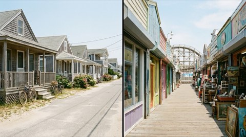 A split scene of a quiet small beach town street beside a busier, more colorful boardwalk