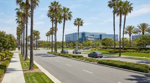 A palm tree-lined multi-lane boulevard with light traffic and a modern glass office campus building in the background.