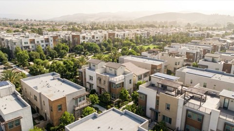 An elevated view over the rooftops of a modern residential community with lush tree canopy between buildings under bright daylight.