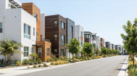 A tree-lined street of contemporary townhomes and condos showing varied but complementary modern architectural styles side by side.