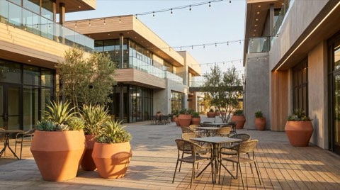 An outdoor plaza with contemporary architecture, cafe seating, and potted plants lit by warm late-afternoon light.