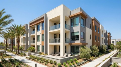 A modern mid-rise apartment building with clean contemporary lines, balconies, and landscaped grounds under bright daylight.