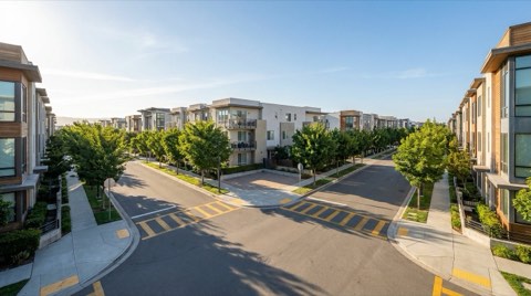 A quiet tree-lined residential street of modern townhomes with a crosswalk near a school zone, lit by bright morning light.