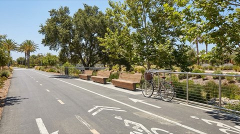 A wide pedestrian and bike path lined with trees and benches, with a bicycle parked along a railing under bright daylight.