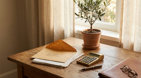 Tax bill envelope, calculator, and pen on a sunlit wood desk