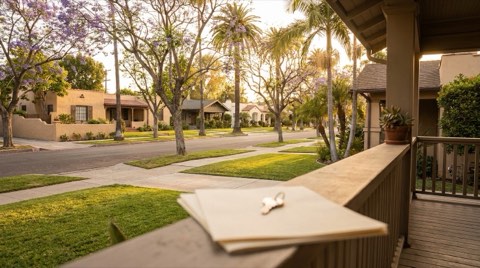 Los Angeles residential street at golden hour with a home porch