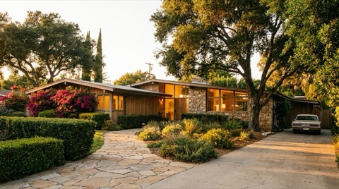 Warm mid-century California ranch home exterior in golden afternoon light