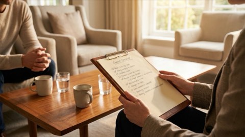 Two people discussing a checklist during a listing agent interview