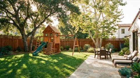 A backyard with a wooden play structure and swing set on a grassy lawn under shade trees