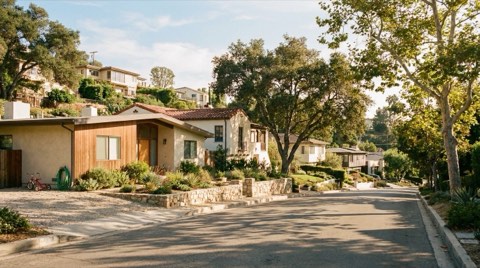 A sunny hillside residential street lined with Spanish-style homes, shade trees, and a small tricycle by a driveway, no people visible