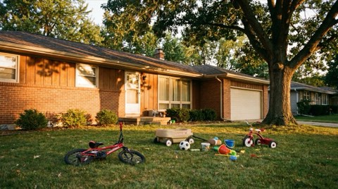 A child's bicycle and toys scattered in the front yard of a Mar Vista home