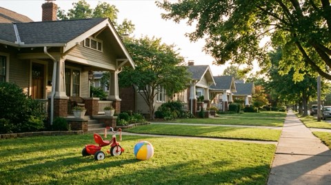 A family-friendly residential street with a tricycle and colorful ball left in a front yard in warm afternoon light
