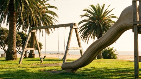 A cheerful neighborhood playground with swings and a slide under palm trees