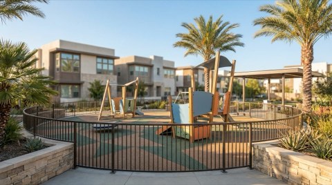 A neighborhood playground with modern play structures and safety fencing surrounded by trees on a bright, cheerful day.