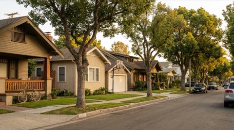 A family-friendly residential street with a bicycle leaning against a porch and a basketball hoop over a garage.