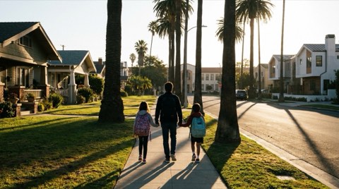 A family in silhouette walking toward an elementary school on a Venice street