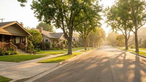 A quiet Westwood residential street at golden hour with tidy front yards, mature shade trees casting long shadows, and a child's bicycle leaning against a porch railing