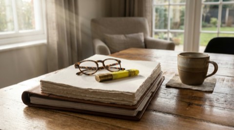 Disclosure report binder with highlighter and reading glasses on top