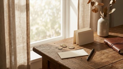 Coins, blank check, and pen on a sunlit wooden desk