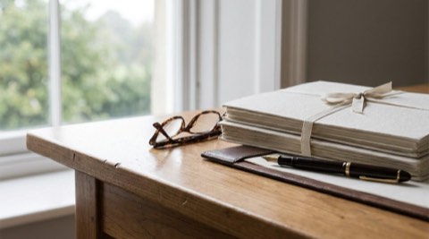 Legal documents, pen, and reading glasses on a sunlit desk