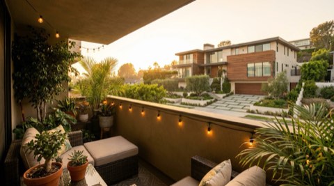 Los Angeles home exterior beside a cozy apartment balcony at golden hour