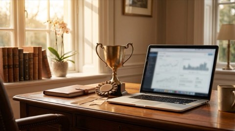 Small award plaque on an office desk symbolizing a new agent's achievement