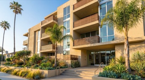 Low-angle view of an upscale mid-rise condominium building exterior in Santa Monica with palm landscaping