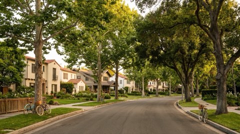A quiet, tree-lined residential street in a Santa Monica sub-area with mature trees and manicured homes
